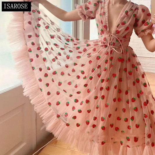 Cute Strawberry Mesh V Neck Dress