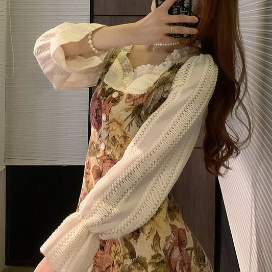 Korean Fashion Cottagecore Floral Lace Dress